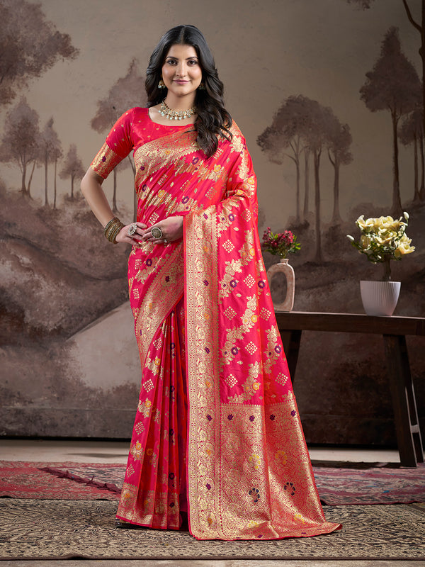 Jyoti Fashion Women's Red Soft Lichi Silk Jacquard Traditional Saree with Blouse - Distacart