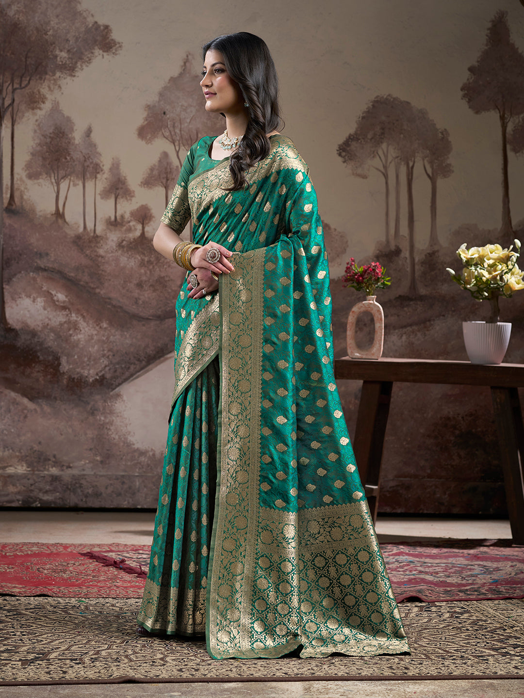 Jyoti Fashion Women's Green Soft Lichi Silk Jacquard Traditional Saree with Blouse - Distacart