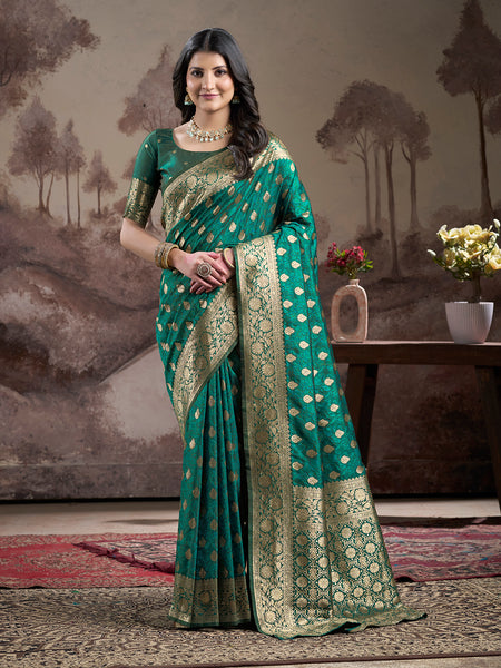 Jyoti Fashion Women's Green Soft Lichi Silk Jacquard Traditional Saree with Blouse - Distacart
