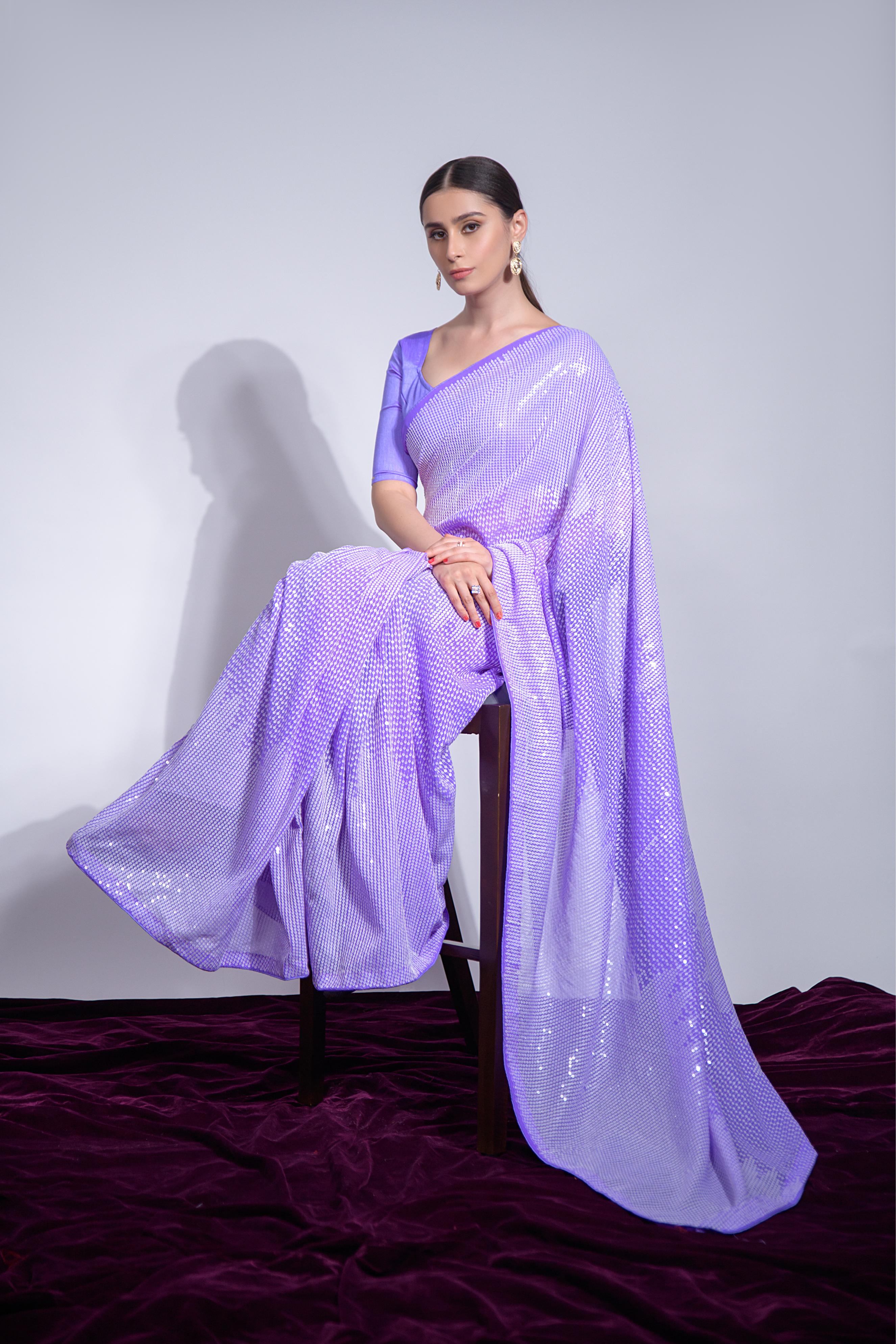 Jyoti Fashion Women's Violet Georgette Sequins Embroidered Designer Saree with Blouse - Distacart