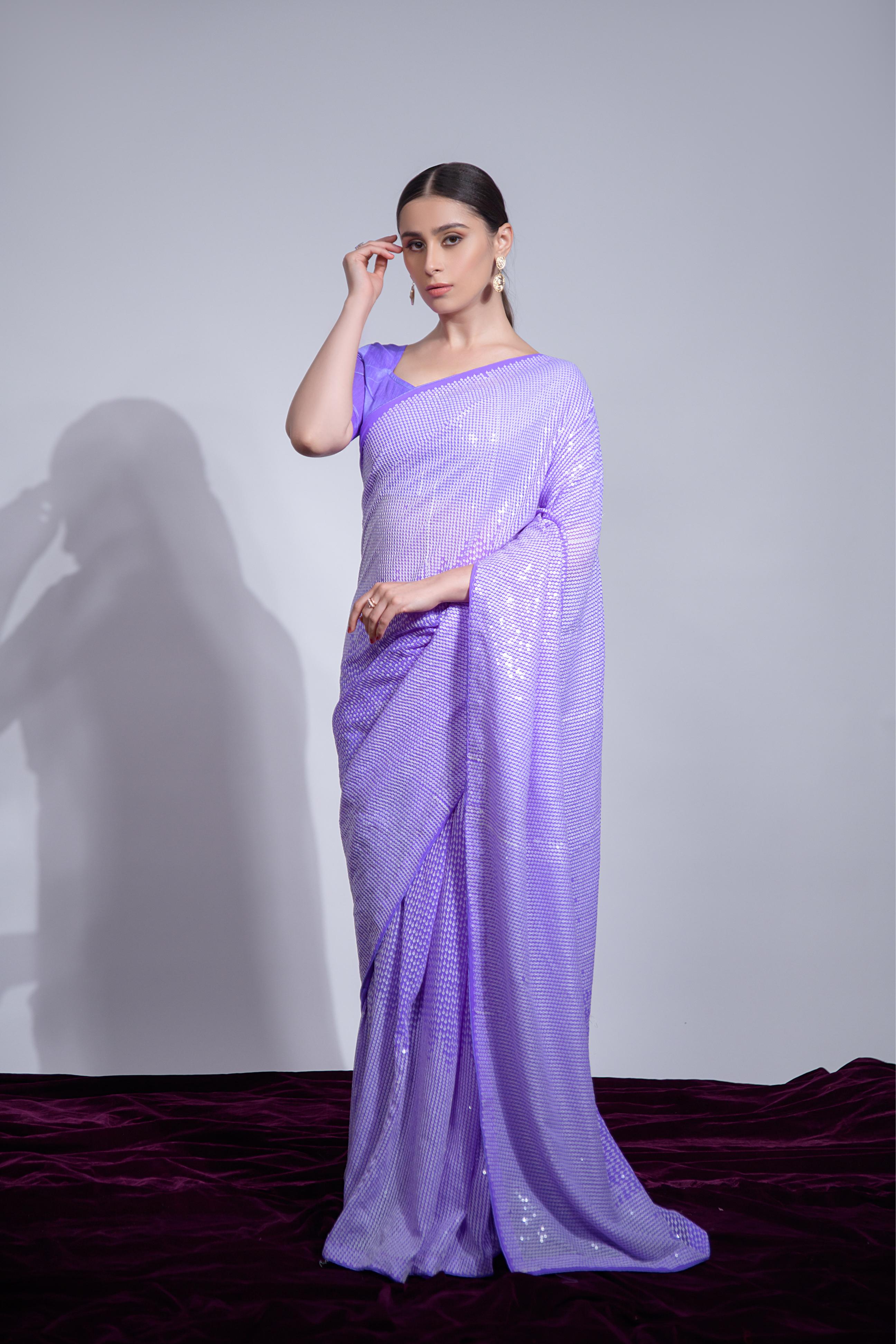Jyoti Fashion Women's Violet Georgette Sequins Embroidered Designer Saree with Blouse - Distacart