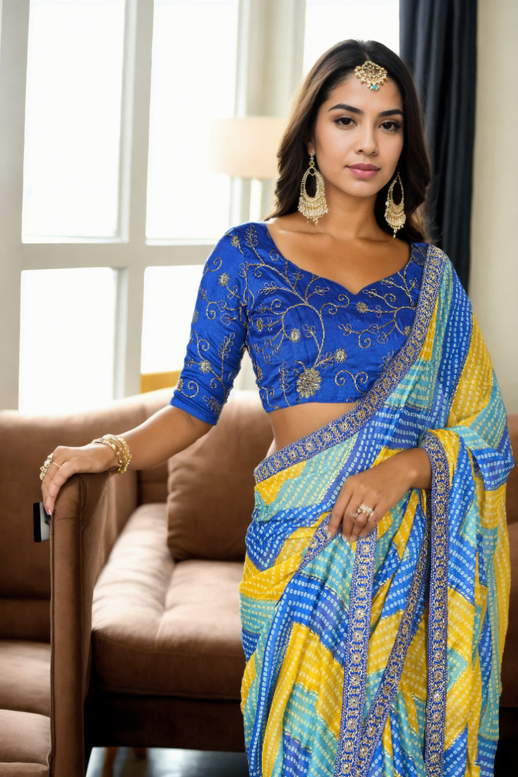 Jyoti Fashion Women's Multicolor Chinon Bandhani Print with Embroidered Saree with Blouse - Distacart