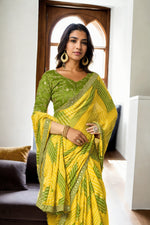 Thumbnail for Jyoti Fashion Women's Yellow Chinon Bandhani Print with Embroidered Saree with Blouse - Distacart
