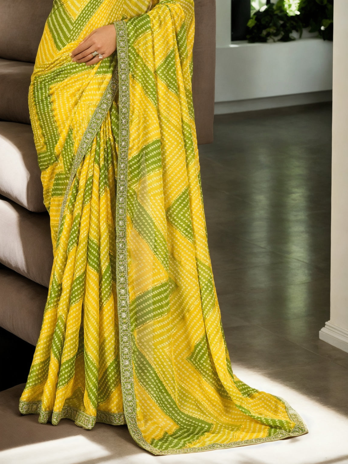 Jyoti Fashion Women's Yellow Chinon Bandhani Print with Embroidered Saree with Blouse - Distacart