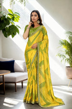 Thumbnail for Jyoti Fashion Women's Yellow Chinon Bandhani Print with Embroidered Saree with Blouse - Distacart