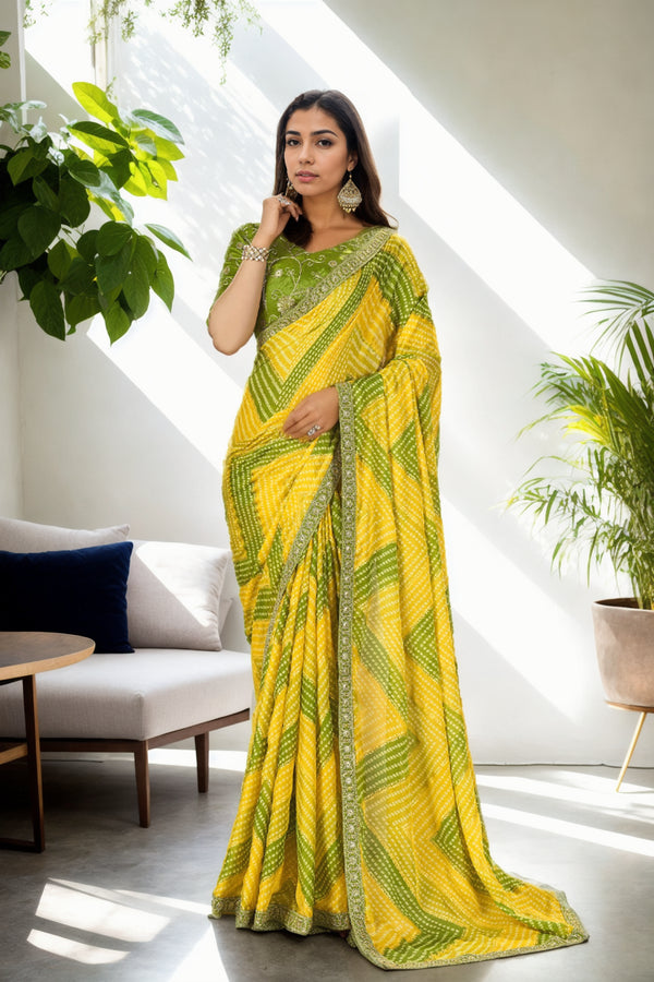 Jyoti Fashion Women's Yellow Chinon Bandhani Print with Embroidered Saree with Blouse - Distacart