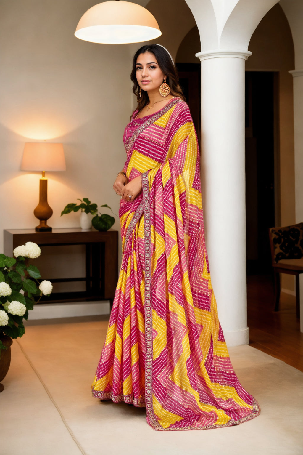 Jyoti Fashion Women's Multicolor Chinon Bandhani Print with Embroidered Saree with Blouse - Distacart