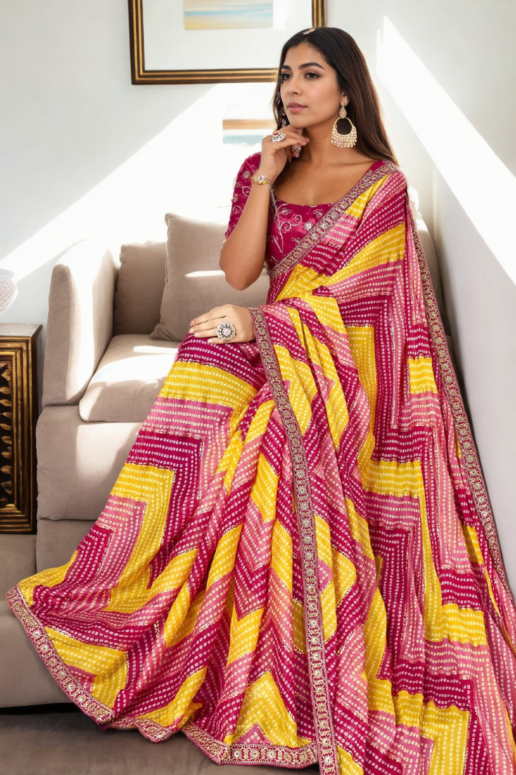 Jyoti Fashion Women's Multicolor Chinon Bandhani Print with Embroidered Saree with Blouse - Distacart