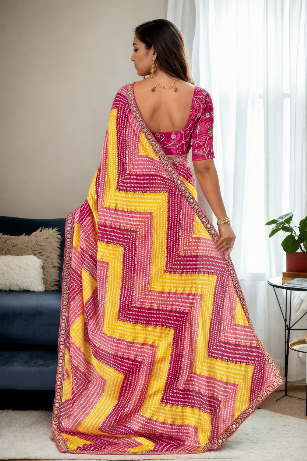 Jyoti Fashion Women's Multicolor Chinon Bandhani Print with Embroidered Saree with Blouse - Distacart