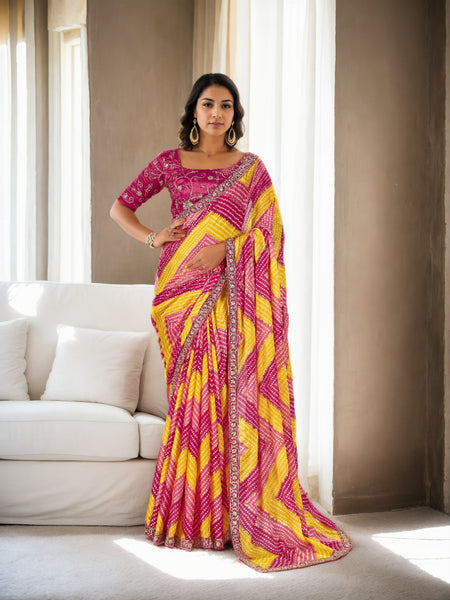 Jyoti Fashion Women's Multicolor Chinon Bandhani Print with Embroidered Saree with Blouse - Distacart