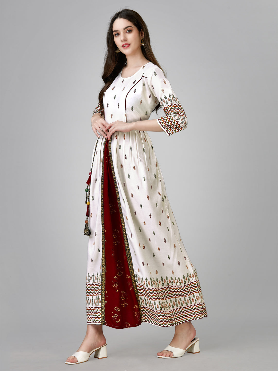 Jyoti Fashion Women's White Rayon Leaf Printed Long Designer Anarkali Dress - Distacart