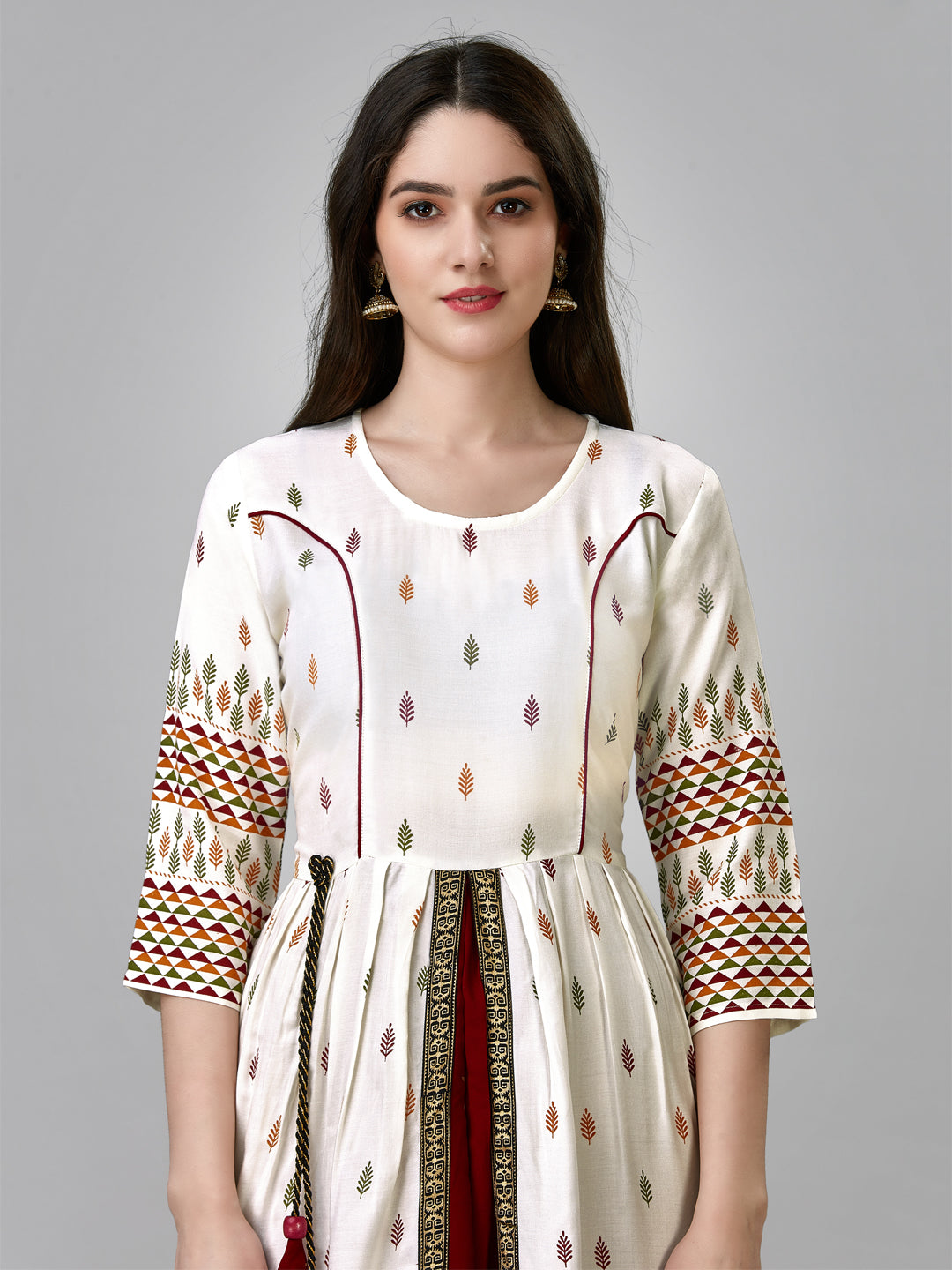 Jyoti Fashion Women's White Rayon Leaf Printed Long Designer Anarkali Dress - Distacart