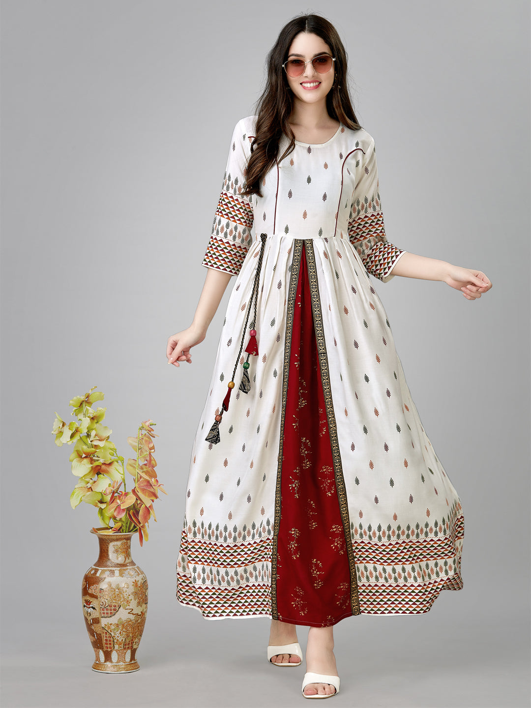 Jyoti Fashion Women's White Rayon Leaf Printed Long Designer Anarkali Dress - Distacart