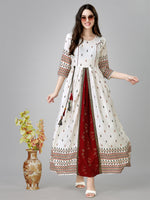 Thumbnail for Jyoti Fashion Women's White Rayon Leaf Printed Long Designer Anarkali Dress - Distacart