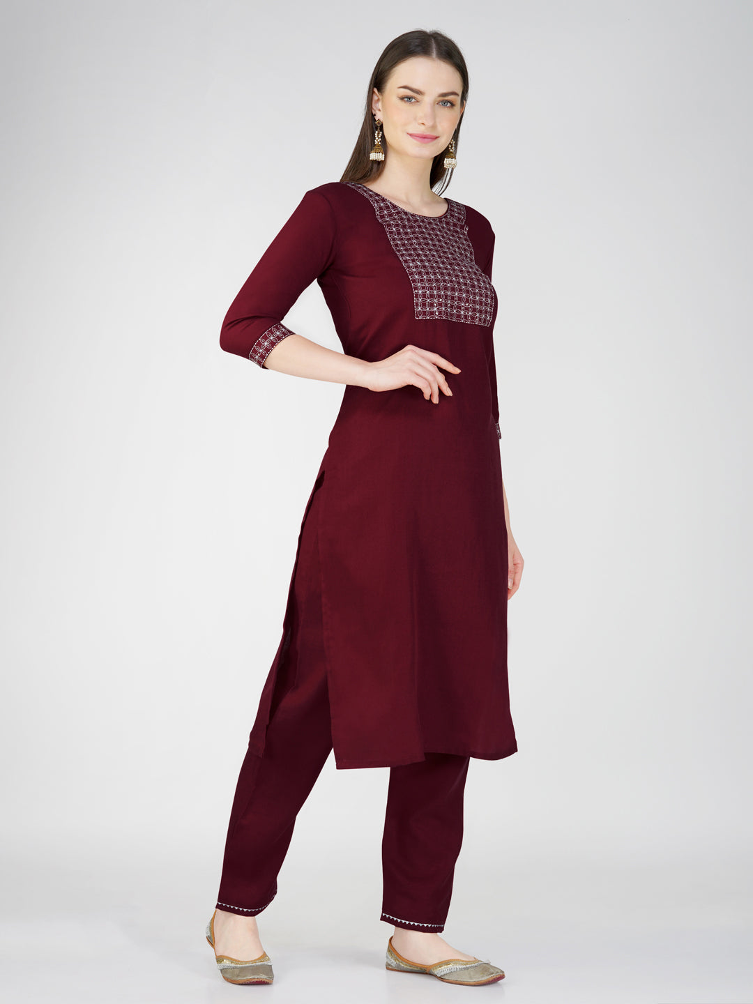 Jyoti Fashion Women's Maroon Cotton Blend Sequins Embroidered Kurta Set - Distacart