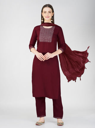 Jyoti Fashion Women's Maroon Cotton Blend Sequins Embroidered Kurta Set - Distacart