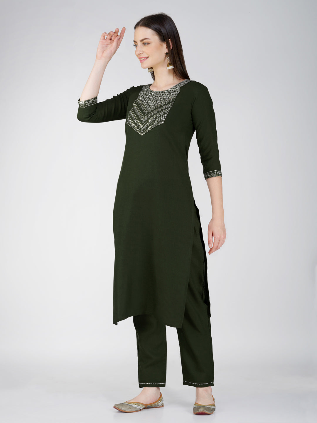 Jyoti Fashion Women's Bottle Green Cotton Blend Sequins Embroidered Kurta Set - Distacart