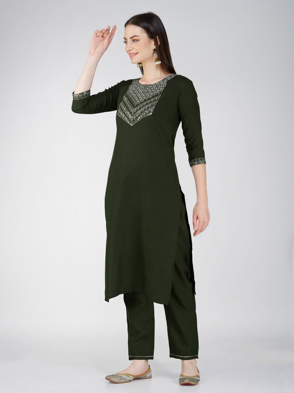 Jyoti Fashion Women's Bottle Green Cotton Blend Sequins Embroidered Kurta Set - Distacart