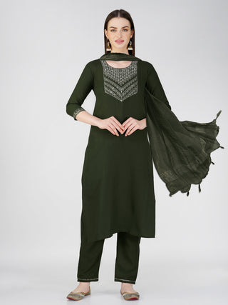 Jyoti Fashion Women's Bottle Green Cotton Blend Sequins Embroidered Kurta Set - Distacart
