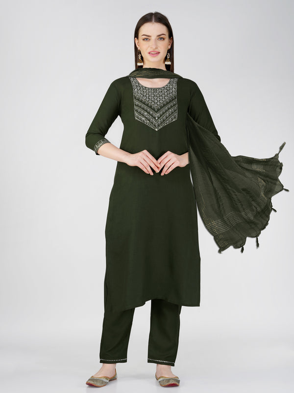Jyoti Fashion Women's Bottle Green Cotton Blend Sequins Embroidered Kurta Set - Distacart