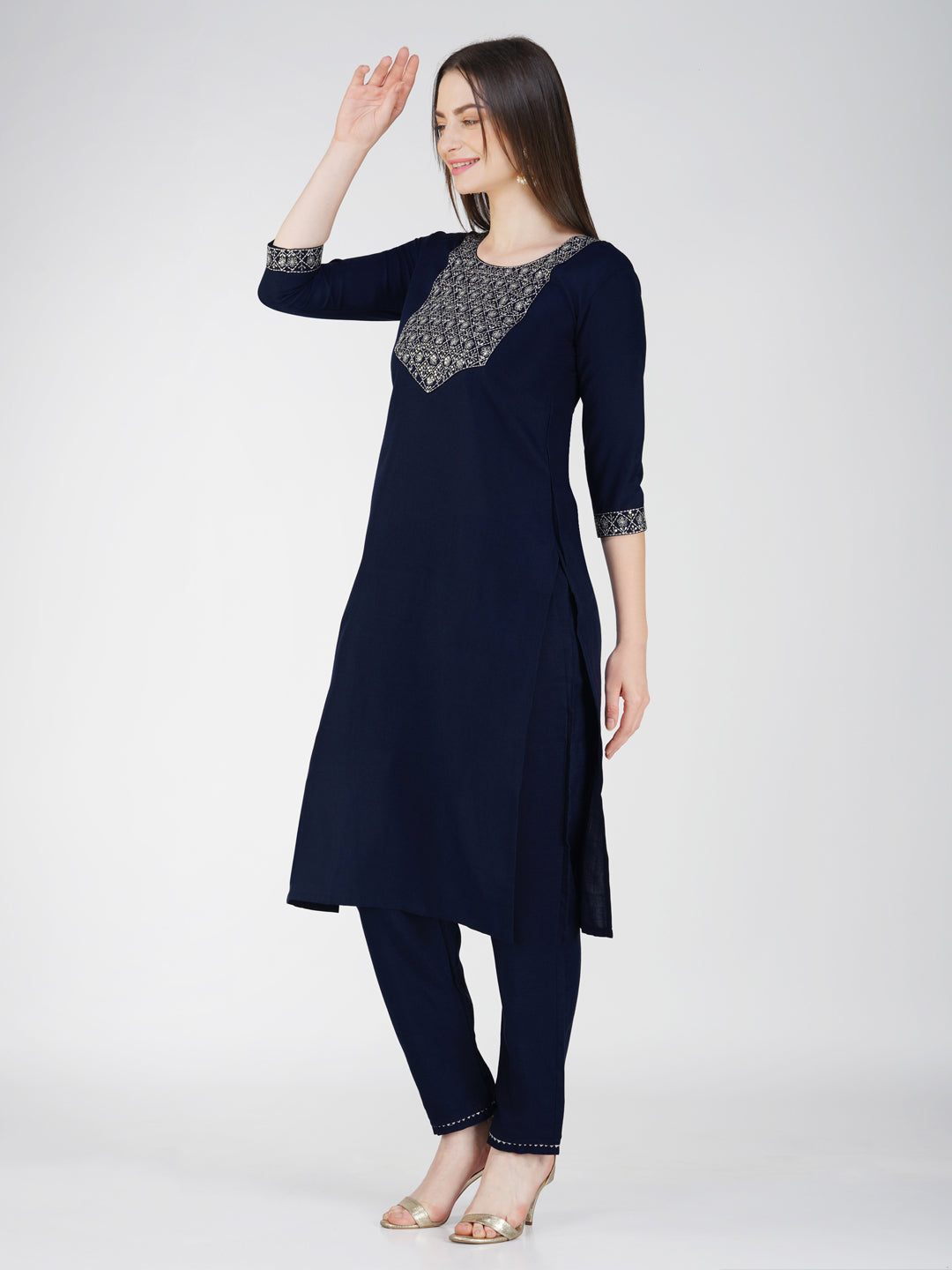 Jyoti Fashion Women's Navy Blue Cotton Blend Sequins Embroidered Kurta Set - Distacart