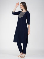 Thumbnail for Jyoti Fashion Women's Navy Blue Cotton Blend Sequins Embroidered Kurta Set - Distacart
