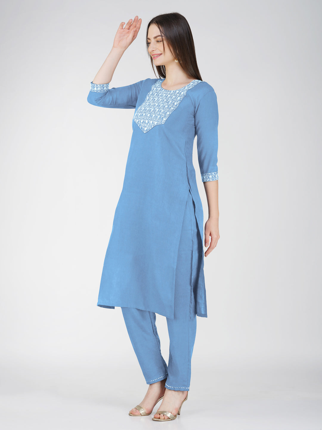 Jyoti Fashion Women's Sky Blue Cotton Blend Sequins Embroidered Kurta Set - Distacart