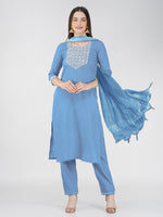 Thumbnail for Jyoti Fashion Women's Sky Blue Cotton Blend Sequins Embroidered Kurta Set - Distacart