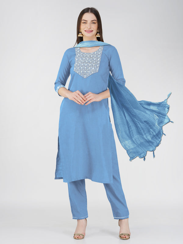 Jyoti Fashion Women's Sky Blue Cotton Blend Sequins Embroidered Kurta Set - Distacart
