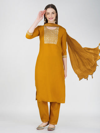 Jyoti Fashion Women's Mustard Cotton Blend Sequins Embroidered Kurta Set - Distacart