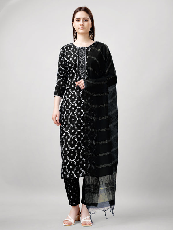 Jyoti Fashion Women's Black Rayon Printed with Embroidered Kurta Set - Distacart
