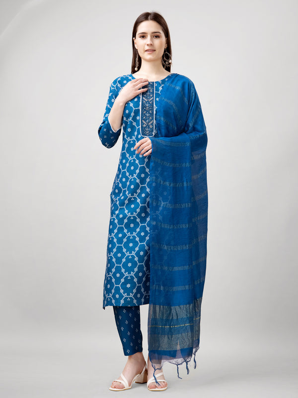 Jyoti Fashion Women's Blue Rayon Printed with Embroidered Kurta Set - Distacart