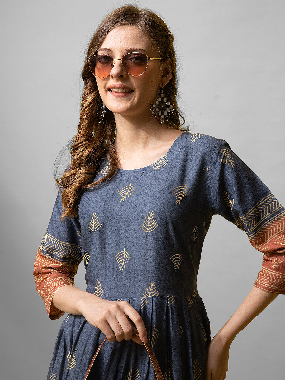 Buy Jyoti Fashion Women's Denim Blue Rayon Abstract Printed Designer Anarkali Dress Online At Low price