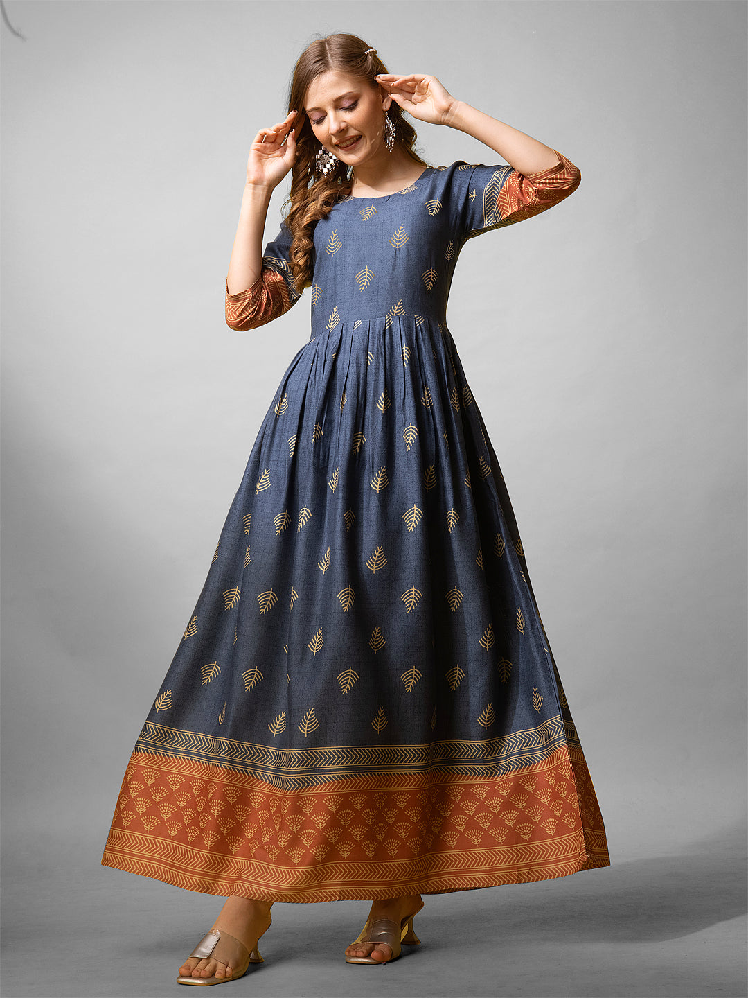 Jyoti Fashion Women's Denim Blue Rayon Abstract Printed Designer Anarkali Dress - Distacart