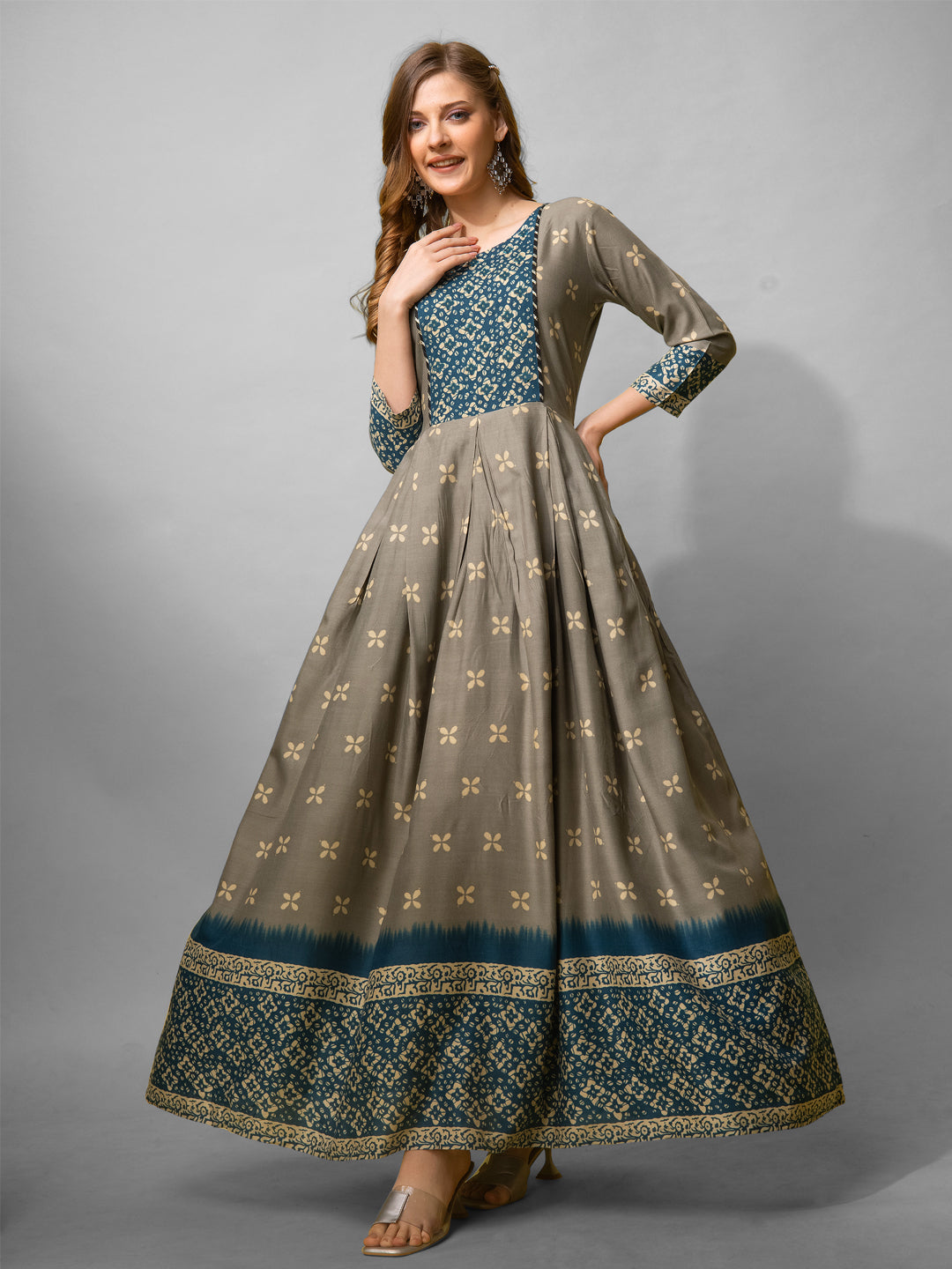 Jyoti Fashion Women's Grey Cotton Blend Printed Designer Anarkali Dress - Distacart