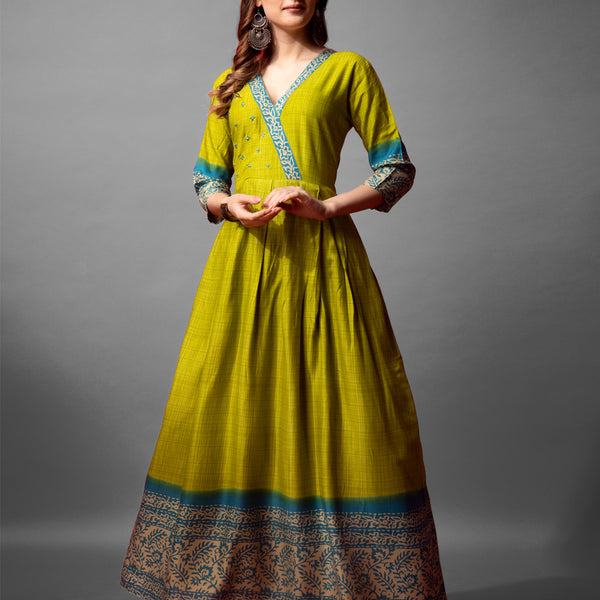 Jyoti Fashion Women's Parrot Green Cotton Blend Printed Designer Anarkali Dress - Distacart