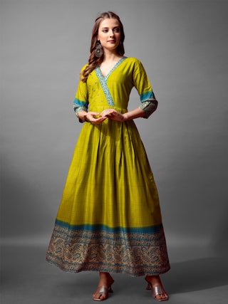 Jyoti Fashion Women's Parrot Green Cotton Blend Printed Designer Anarkali Dress - Distacart