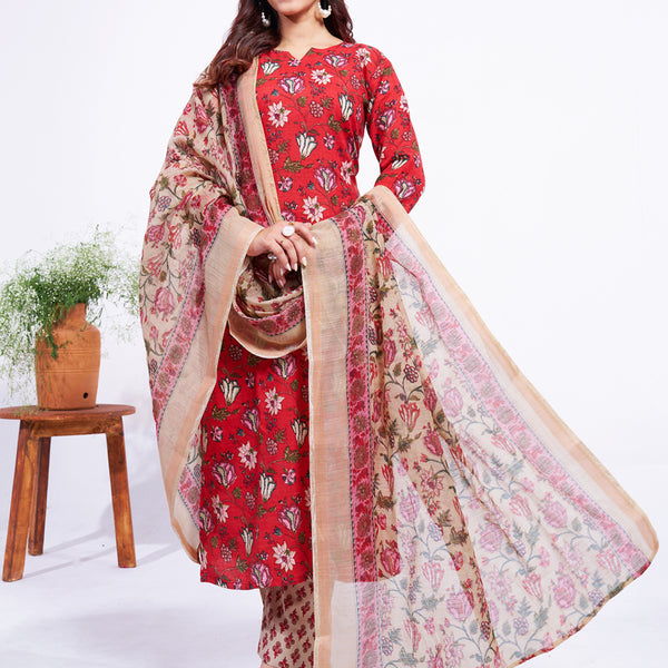 Jyoti Fashion Women's Red Cotton Blend Printed Designer Kurta Set with Dupatta - Distacart