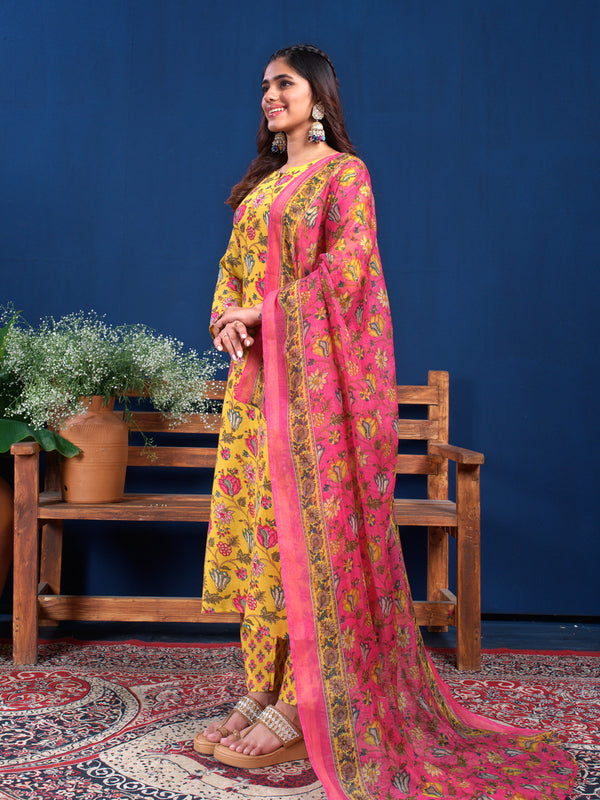 Jyoti Fashion Women's Yellow Cotton Blend Printed Designer Kurta Set with Dupatta - Distacart