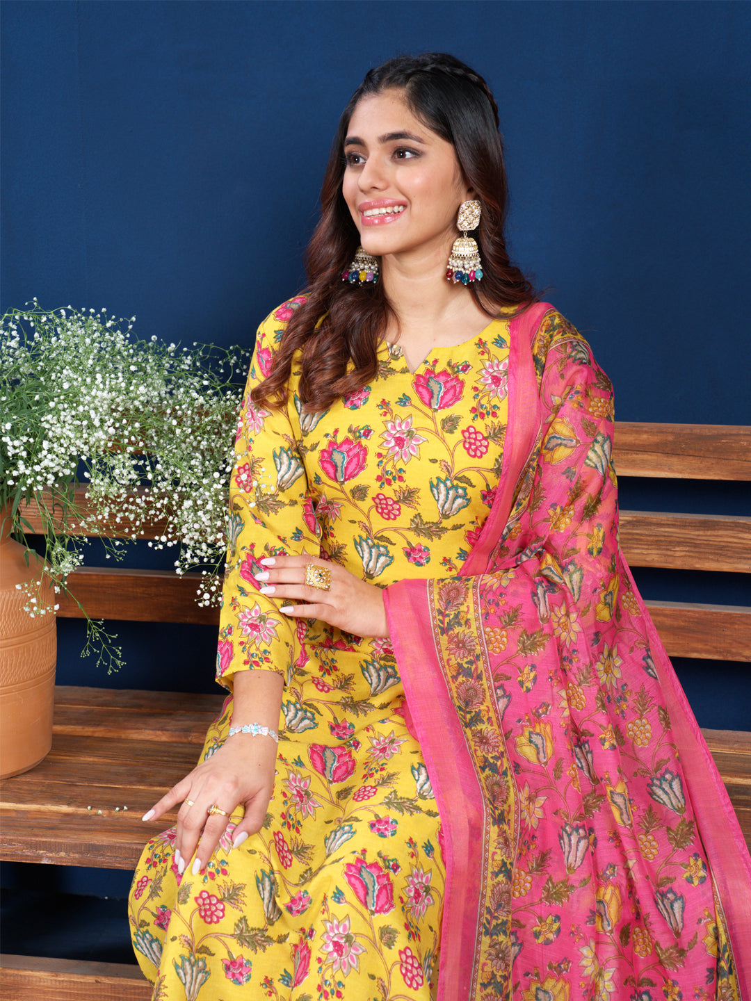 Jyoti Fashion Women's Yellow Cotton Blend Printed Designer Kurta Set with Dupatta - Distacart