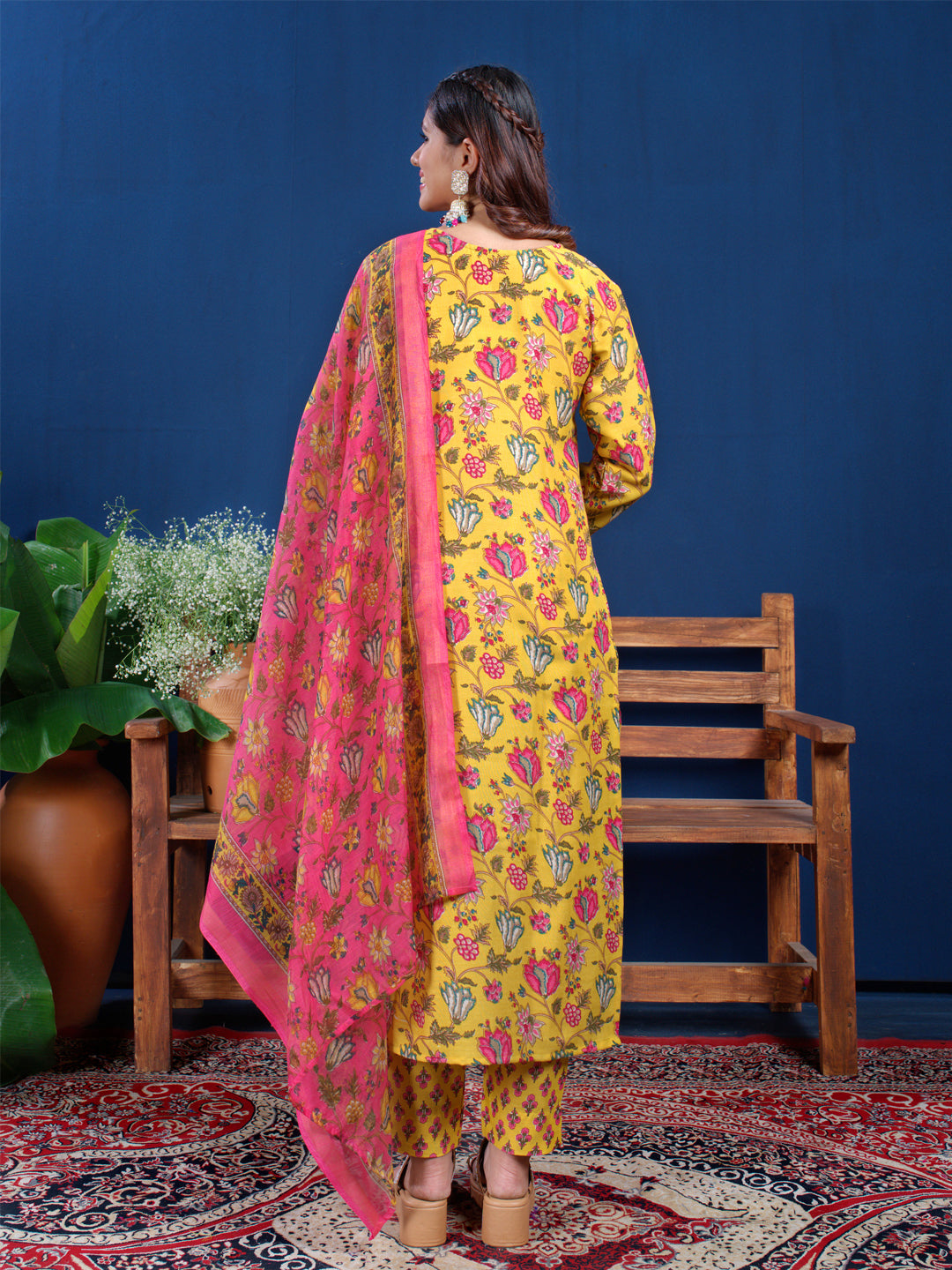Jyoti Fashion Women's Yellow Cotton Blend Printed Designer Kurta Set with Dupatta - Distacart