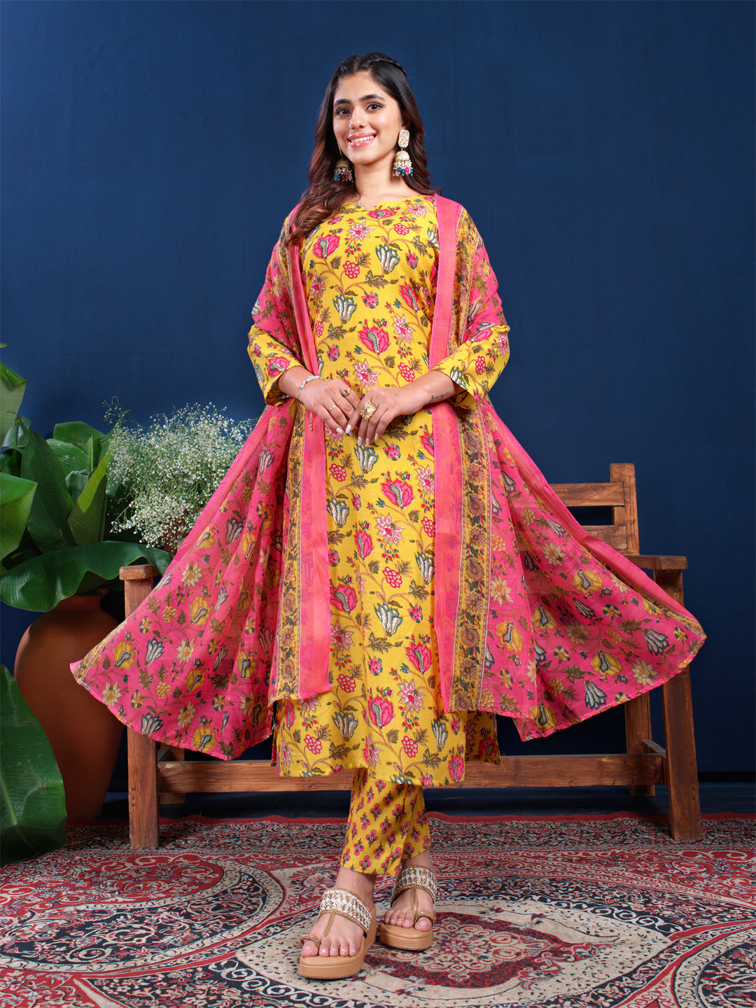 Jyoti Fashion Women's Yellow Cotton Blend Printed Designer Kurta Set with Dupatta - Distacart