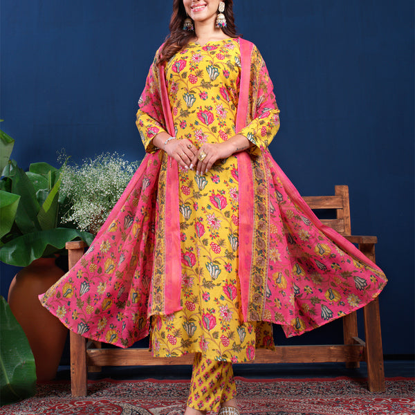 Jyoti Fashion Women's Yellow Cotton Blend Printed Designer Kurta Set with Dupatta - Distacart