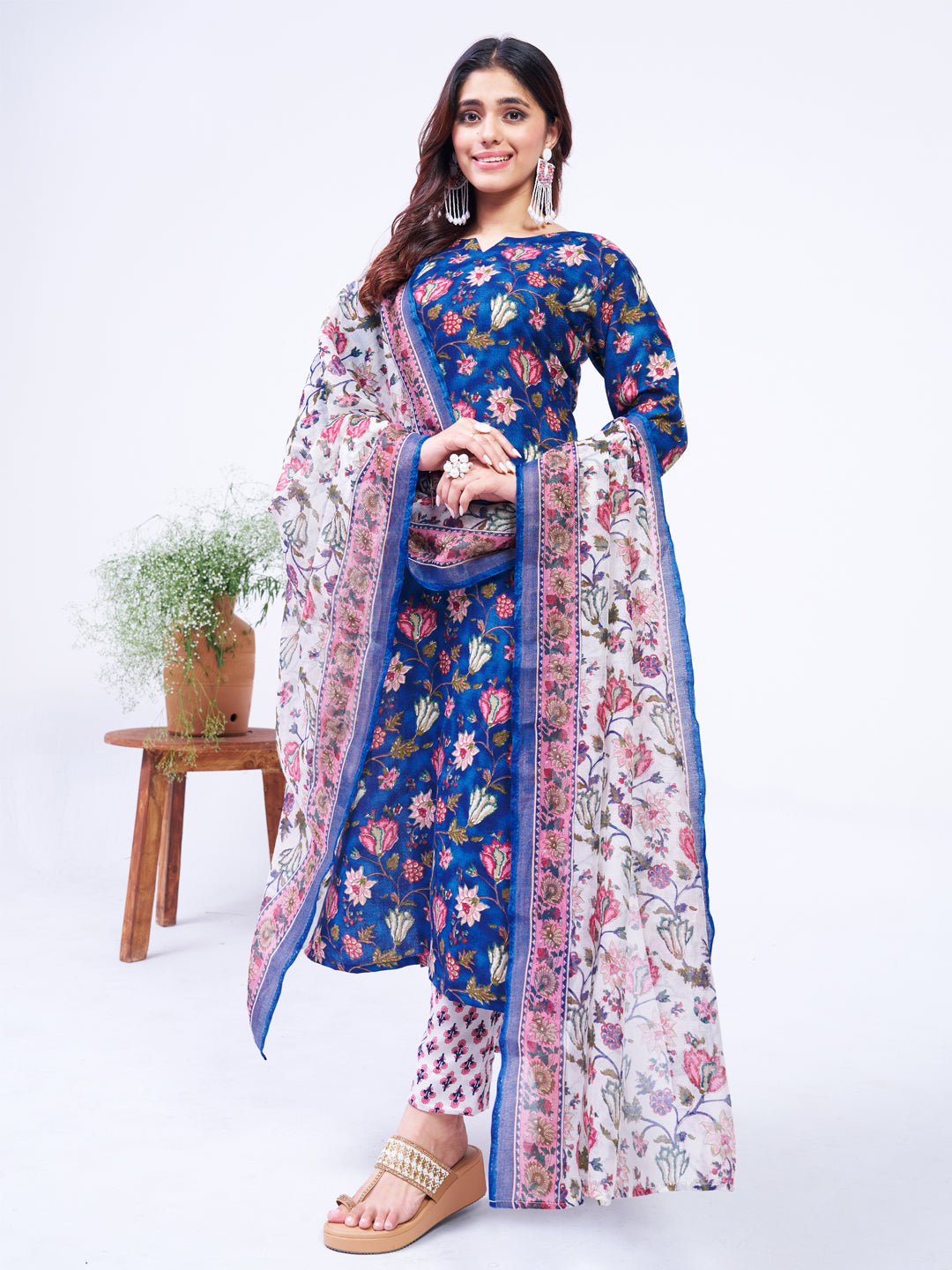 Jyoti Fashion Women's Blue Cotton Blend Printed Designer Kurta Set with Dupatta - Distacart