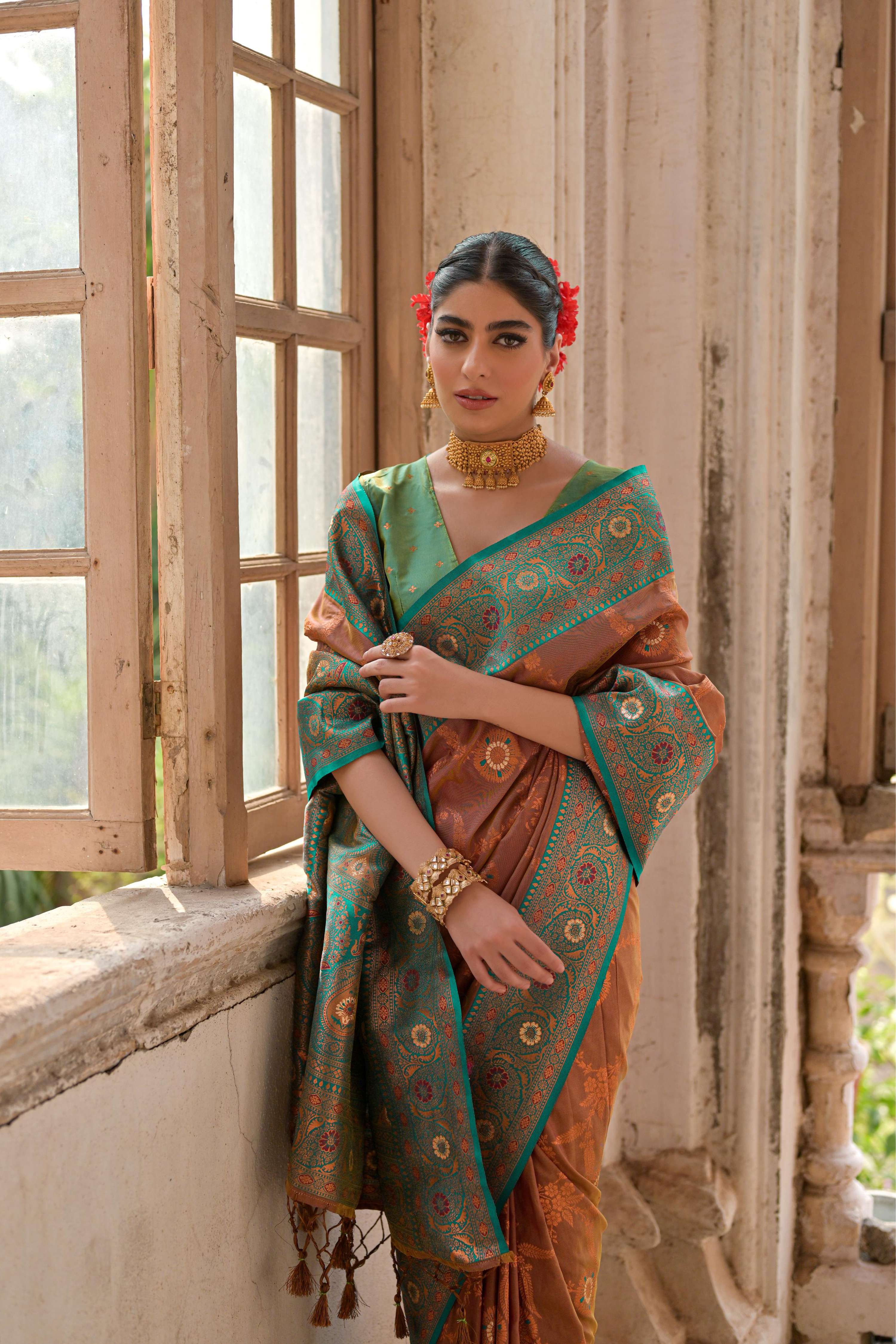 Jyoti Fashion Women's Brown Banarasi Silk Zari Woven Traditional Saree with Blouse - Distacart