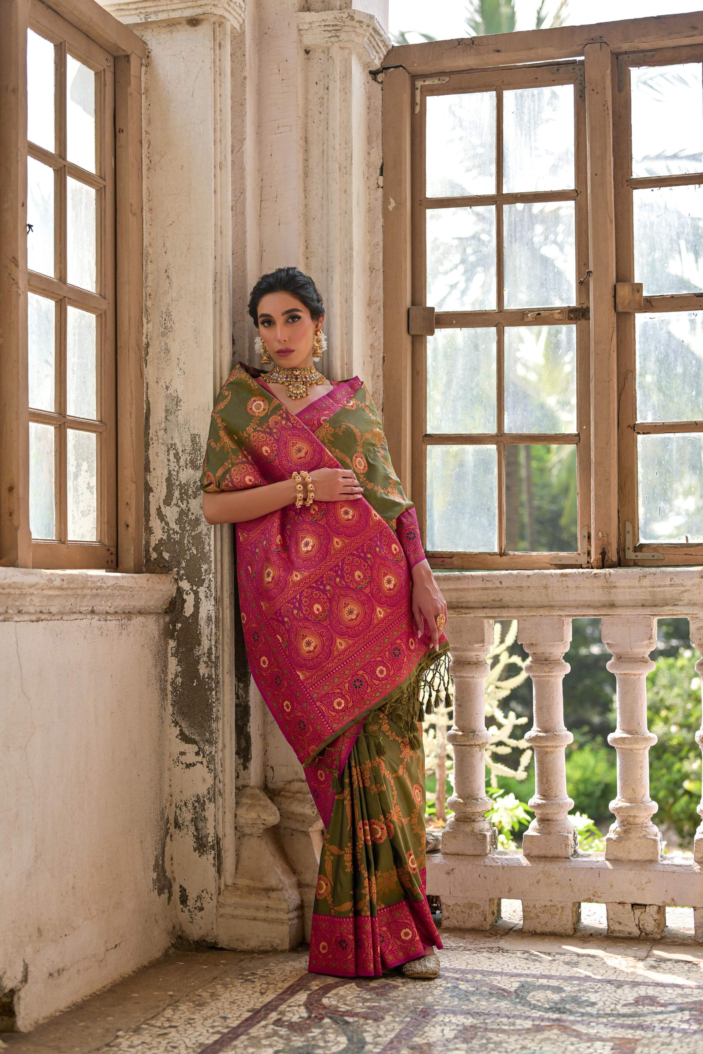 Jyoti Fashion Women's Mehendi Banarasi Silk Zari Woven Traditional Saree with Blouse - Distacart