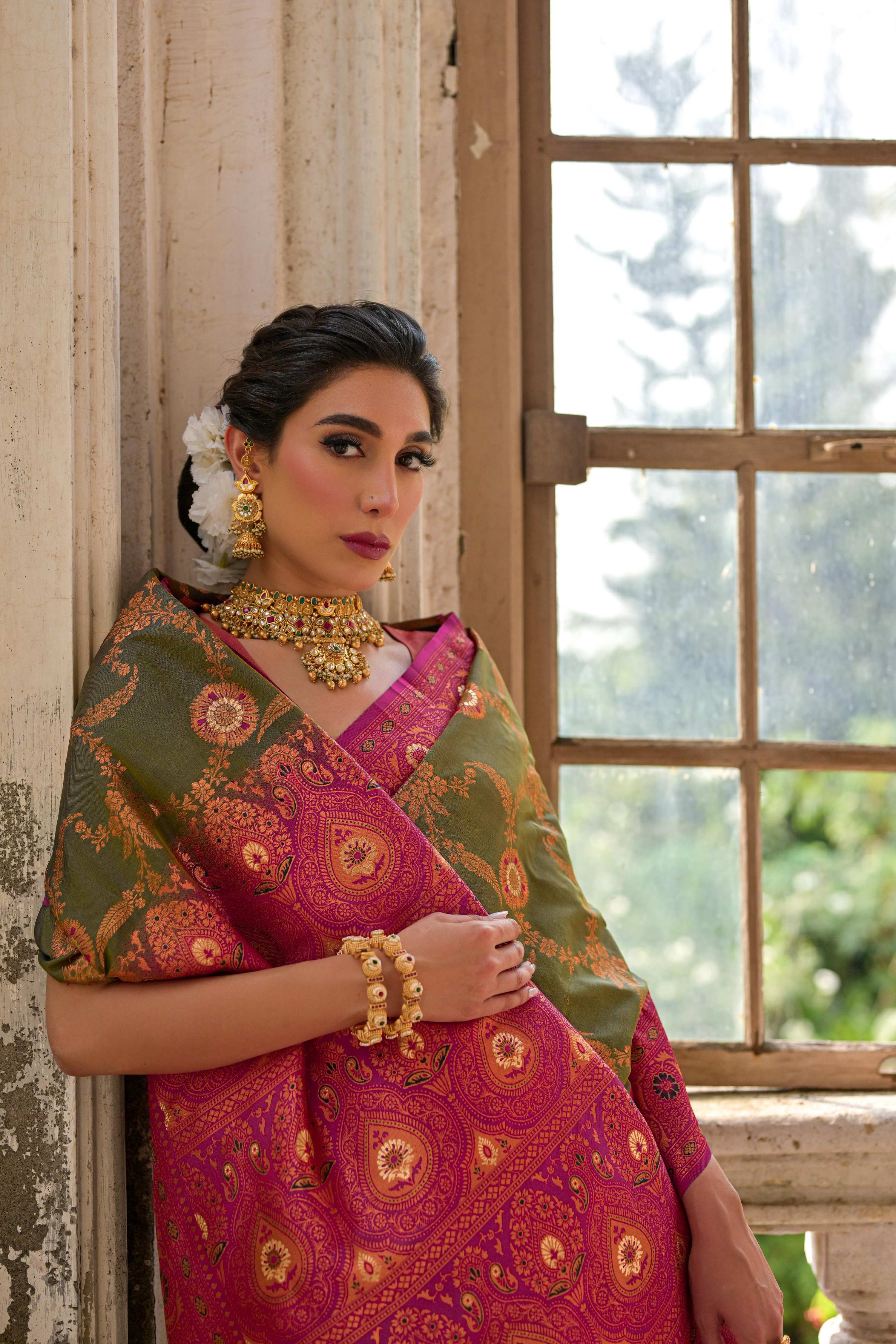 Jyoti Fashion Women's Mehendi Banarasi Silk Zari Woven Traditional Saree with Blouse - Distacart