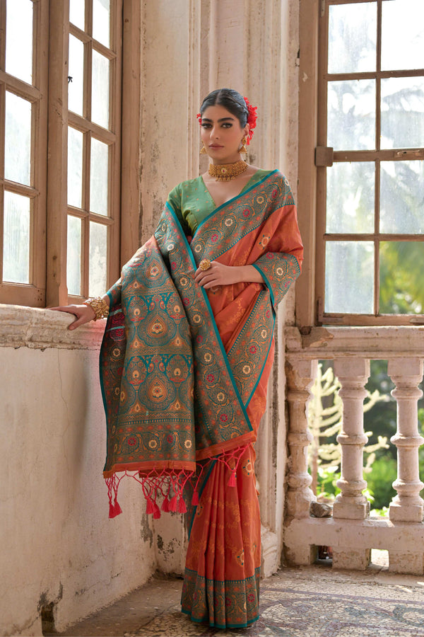Jyoti Fashion Women's Orange Banarasi Silk Zari Woven Traditional Saree with Blouse - Distacart