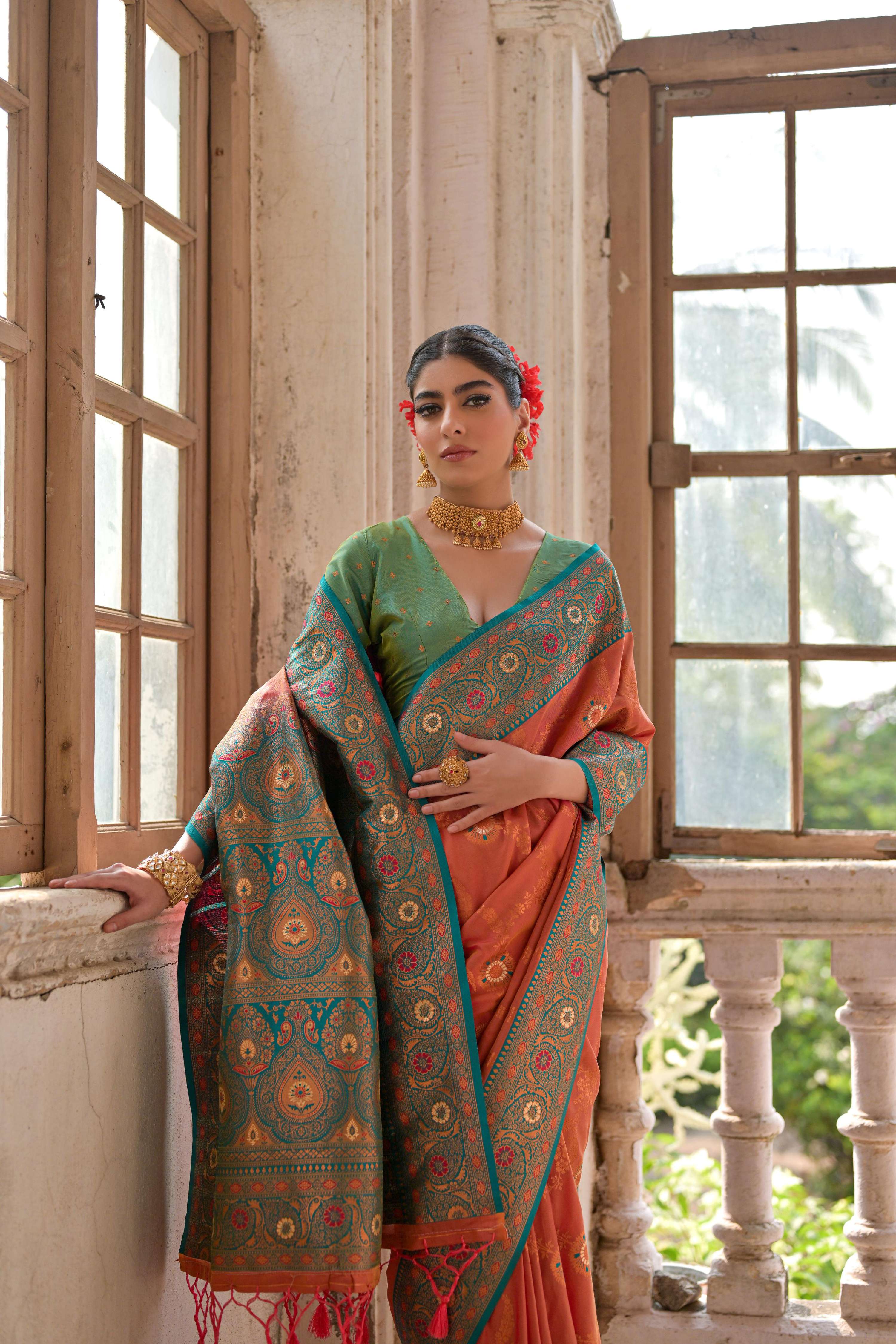 Jyoti Fashion Women's Orange Banarasi Silk Zari Woven Traditional Saree with Blouse - Distacart