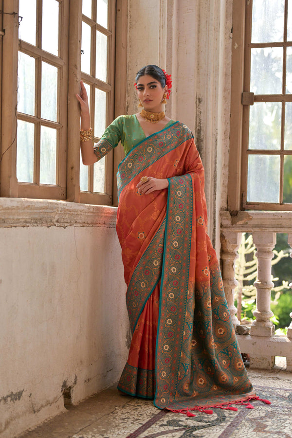 Jyoti Fashion Women's Orange Banarasi Silk Zari Woven Traditional Saree with Blouse - Distacart